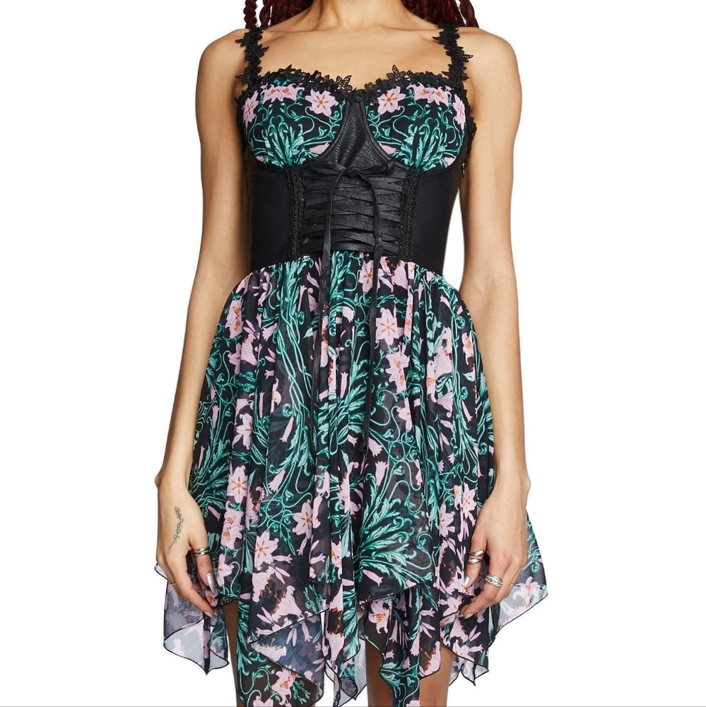 Widow Floral Black and Pink Corset Dress